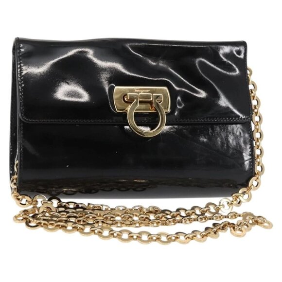 Salvatore Ferragamo Chain Gancini Shoulder Bag Enamel Black Gold Auth 142666 - Picture 1 of 16